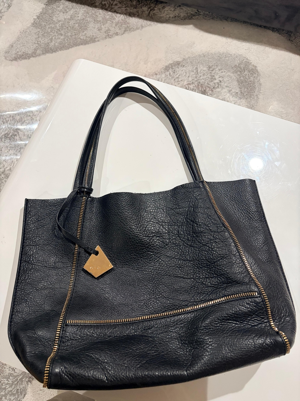 Black Leather Tote Bag with Gold Trim